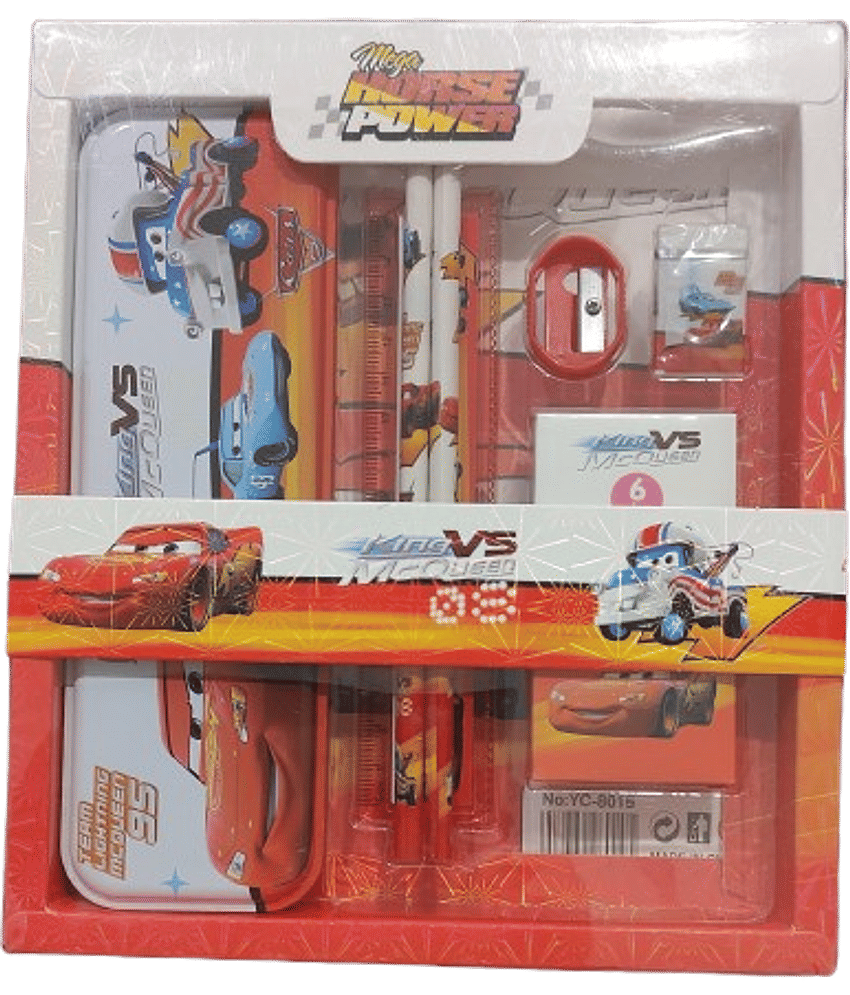 2307 YESKART -12 pcs All in One  KING VS MC QUEEN Theme Stationery Set Combo Boys Girls Dino Park Jurassic World Pencil Box Set School Supplies Stationery Gift Set Kit with 1 Pencil Box Case 2 Pencils 6 Crayon Colours 1 Ruler Scale Eraser Sharpener Kit