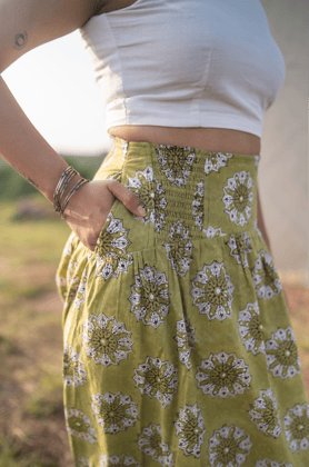 Hand Block Printed Midi Skirt - Sharp Green-XS