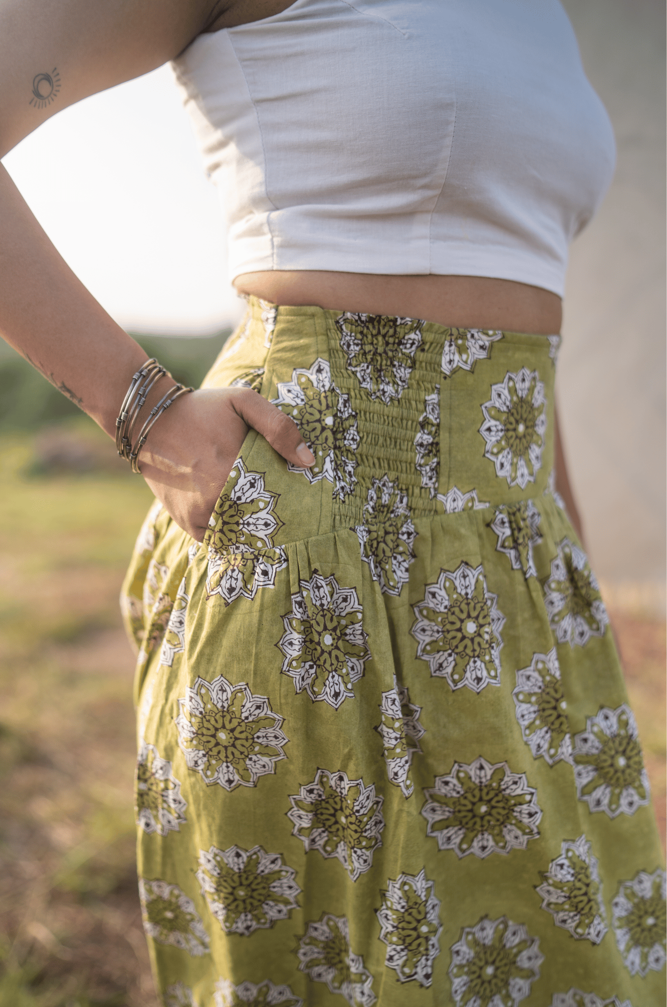 Hand Block Printed Midi Skirt - Sharp Green-XS