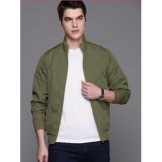 Fashlook Bomber Solid Full Sleeve Green Jacket for Mens