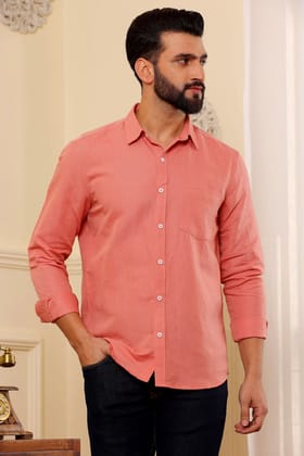 Indian Red Solid Pure Linen Shirt (Size - S) by BLUE EAGLE