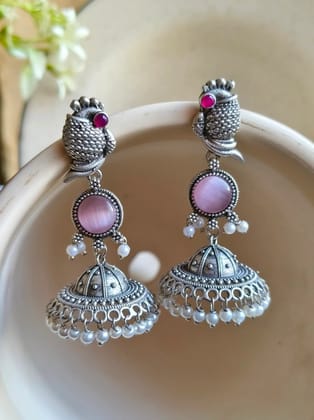 Traditional Silver Replica Peacock Jhumka Earrings with Monalisa Stone | Sarichka-Pink