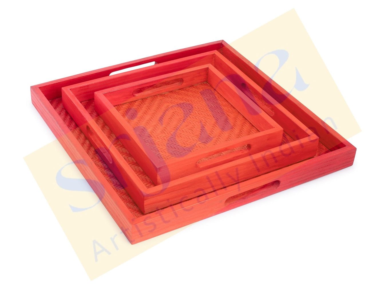 Srjana Handcrafted Handwoven Bamboo Red Tray Set