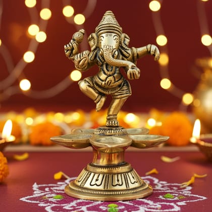 Brass Dancing Ganesha Oil Lamp Deepak  - Auspicious Deepak for Temple & Home, Height : 6 Inch (BSMAS1169 A)