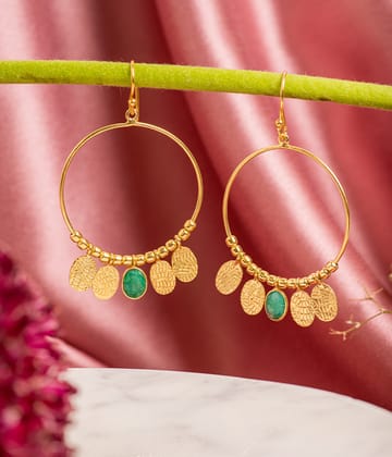Gold Loop Beaded Earrings with Emerald-Brass with gold