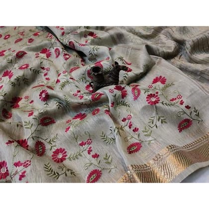 Ornamental Silk Linen Embroidered Gray Saree