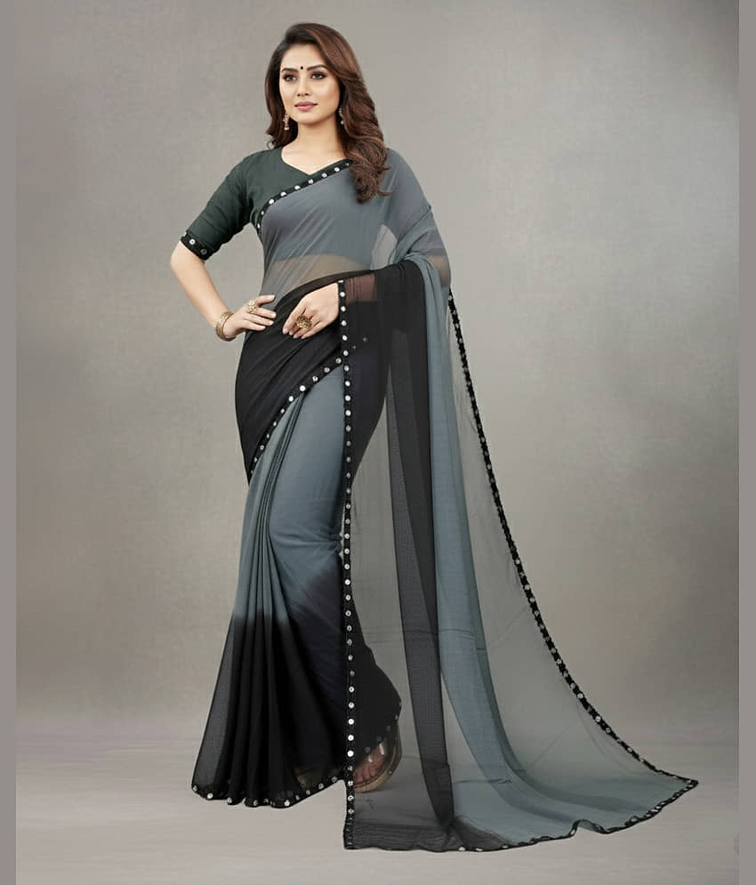 A TO Z CART Chiffon Solid Regular Saree With Unstitched Blouse Piece ( Grey )