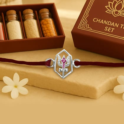 Pure 92.5 Silver Trishul Rakhi with Chandan Tilak Set