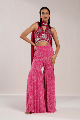 PINK HALTERNECK CROP TOP WITH SHARARA-XS