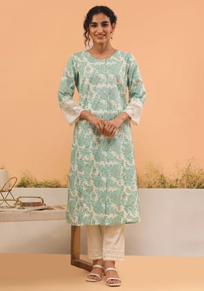 Teal Floral A-Line Flex Kurta-M