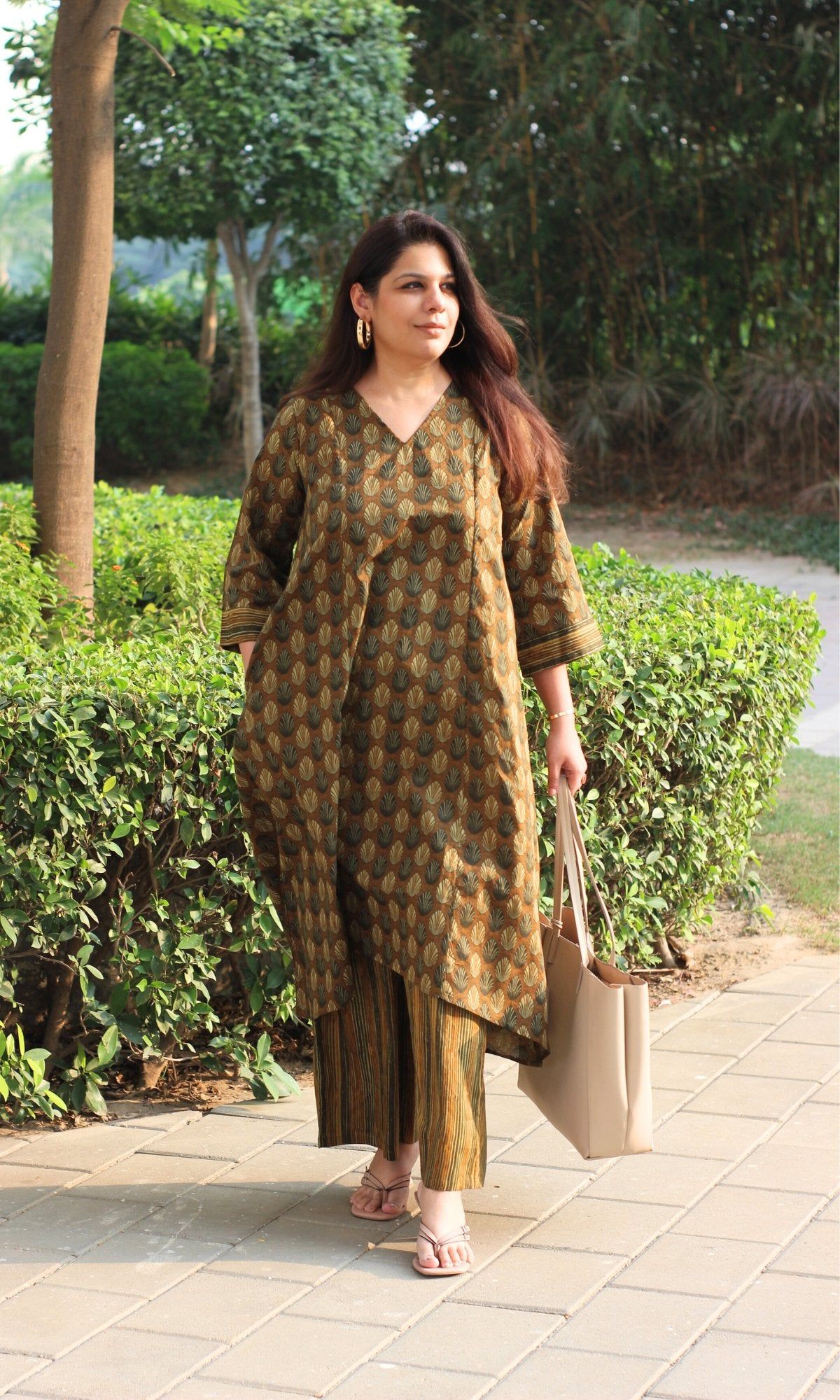 Cotton Brown Ajrakh Print High Low Kurta & Pallazo-XXS