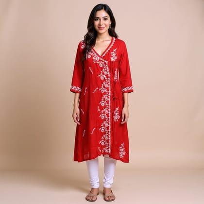 Red Angrakha Chikankari Kurti