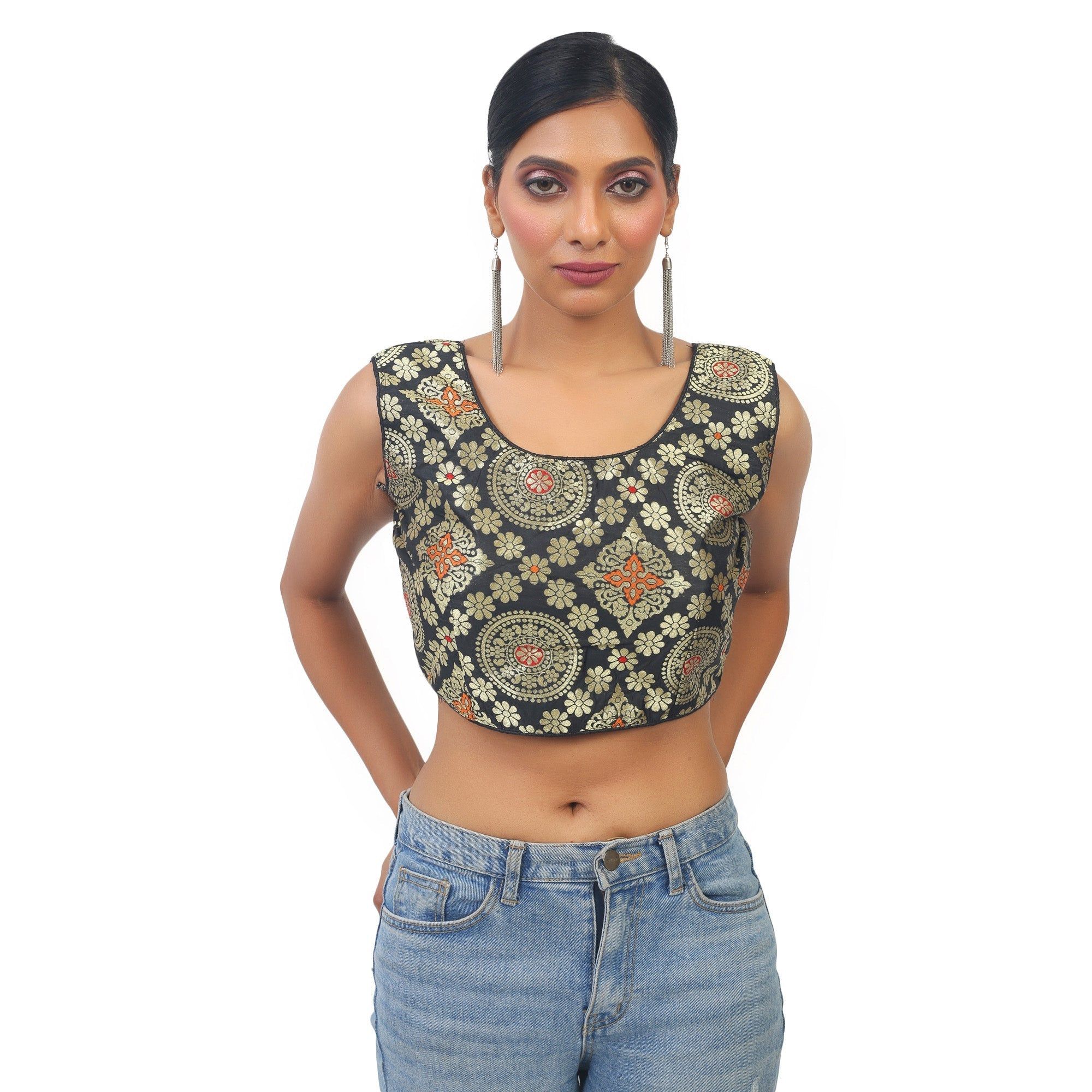 TheHangr Black Cotton Golden Banarsi Print Blouse -  34
