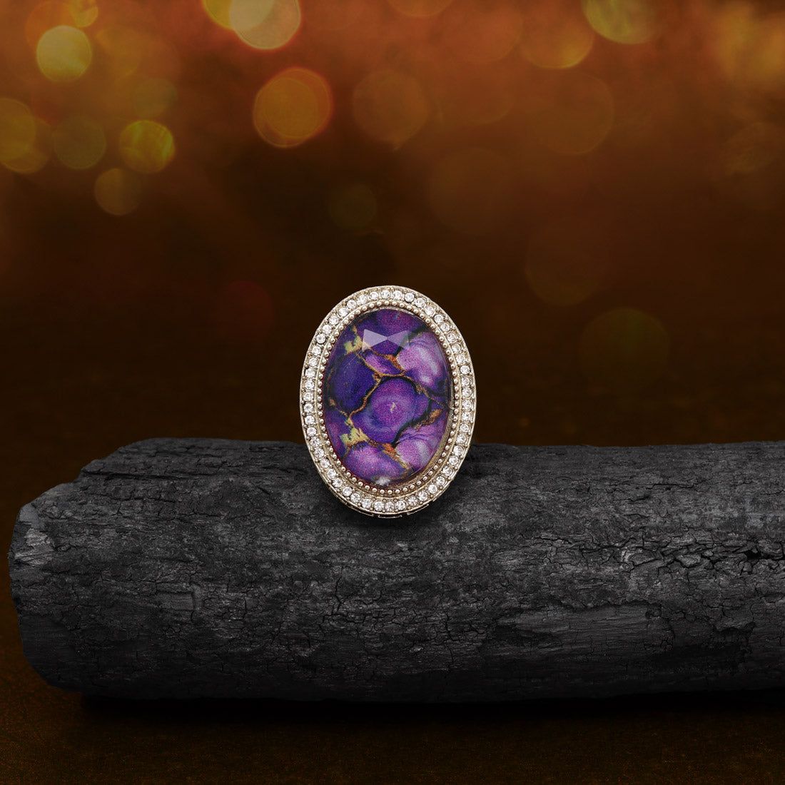 Majestic Purple Color Kundan Ring For Women-Ring_Size_Adjustable | Diameter Length: 3.50 CM x Width: 2.50 CM / Purple / Alloy With Good Quality Mehndi Gold Plated