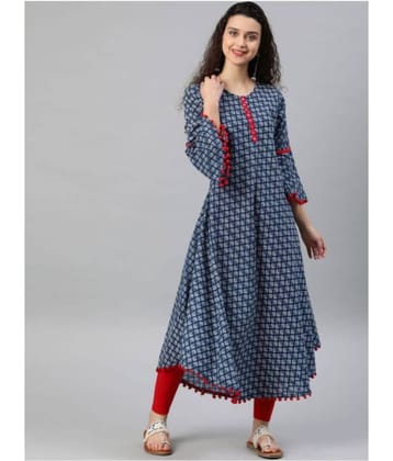 Yash Gallery Pack of 1 Cotton Printed Asymmetrical Women's Kurti - ( Blue )