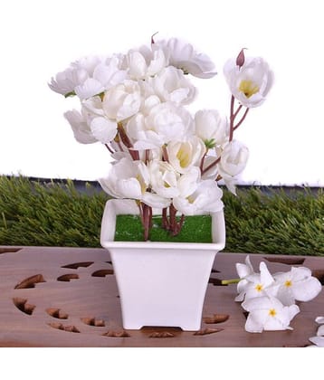PINDIA - White Blossom Artificial Flowers With Pot ( Pack of 1 )