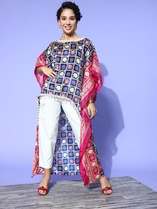 Rang Gali Asymmetric Ethnic Printed Navy Blue Pink Kaftan Top-S