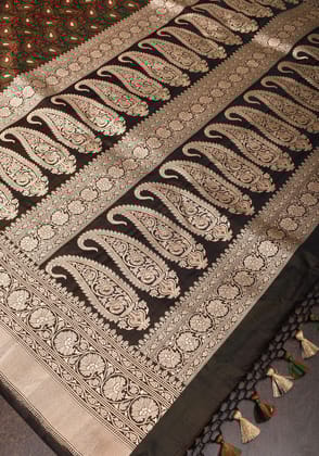 Black Exquisite Tanchoi Jamawar Saree with Zari Meena and two row resplendant palu | SILK MARK CERTIFIED