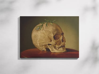 Furnishub Still Life with a Skull and a Forget-Me-Not (1860) by Vojtech Klimkovic | Vintage Art Print capturing the beauty of life and mortality.