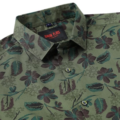 Olive Green Floral Slim Fit Full-Sleeve Shirt (GP039)-S-36 / Full Sleeve