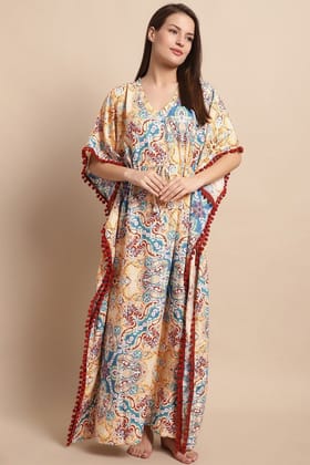 Multicolor Flared Printed Viscose Rayon Kaftan For Woman-ONESIZE