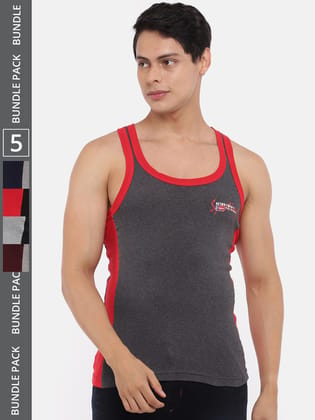 Men's Assorted Pack of 5 Solid Combed Cotton Racerback Styled Gym Vest Men's Assorted Pack of 5 Solid Combed Cotton Racerback Styled Gym Vest