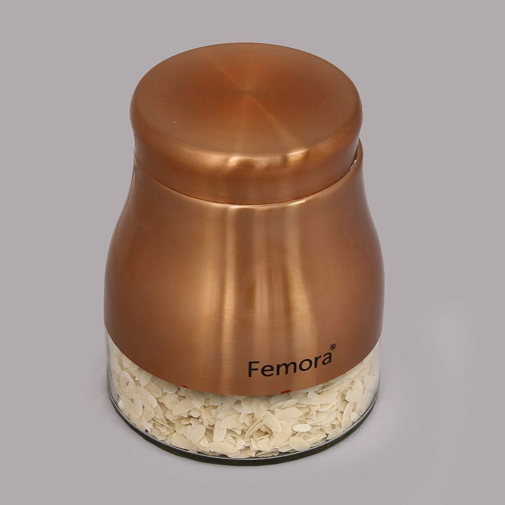 Femora Clear Glass Gold Metallic Steel Glass Jars Tea Sugar Jar Container Cereal, Spices, Pulses Container Spice Jar for Kitchen Storage Jars for Kitchen Storage, 900ML, Free Replacement of Lids