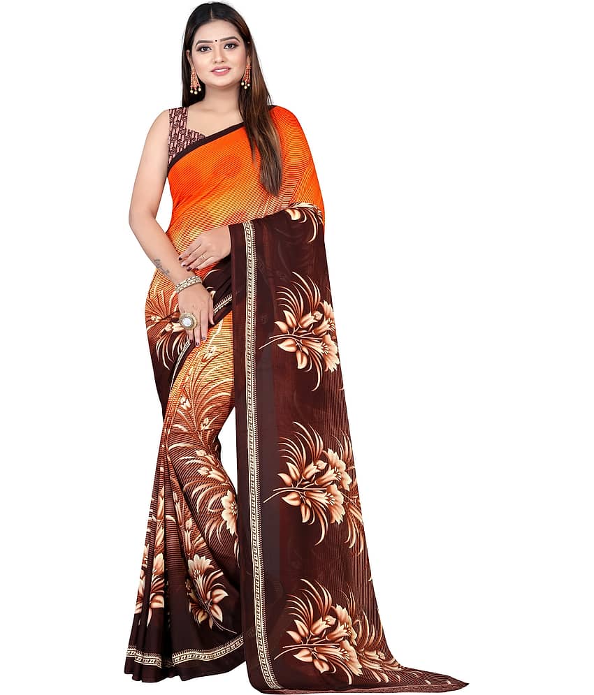 LEELAVATI Georgette Printed Saree With Unstitched Blouse Piece ( Orange )