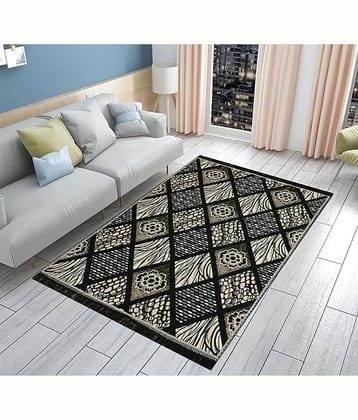 FURNISHING HUT Black Cotton Dhurrie Carpet Floral 4x6 Ft