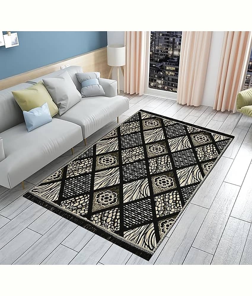FURNISHING HUT Black Cotton Dhurrie Carpet Floral 4x6 Ft