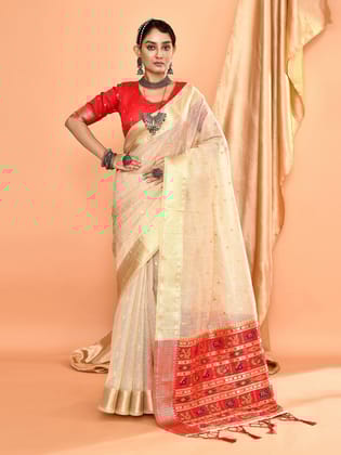 Chic Cream Linen Silk Ikat Zari Saree – Trending Elegance | Elora