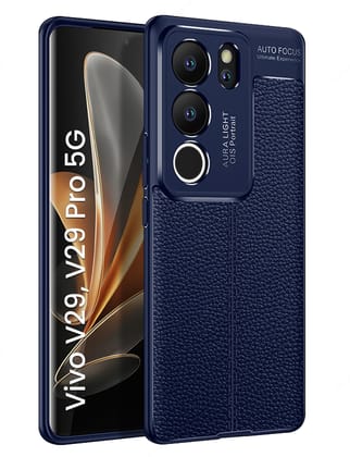 Vegan Leather Rugged Flexible TPU Series Shockproof Armor Back Cover for Vivo V29 5G, Vivo V29 Pro 5G, 6.78 inch, Blue