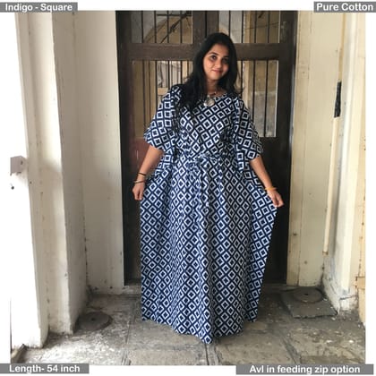 Kaftan - Indigo Square Print  - Maternity Feeding Zips -  Soft Cotton Kaftan - Free Size-With two side Feeding Zip