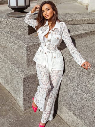 Lace Pocket Shirt & Wide Leg Pants Coord Set with Belt-L / WHITE