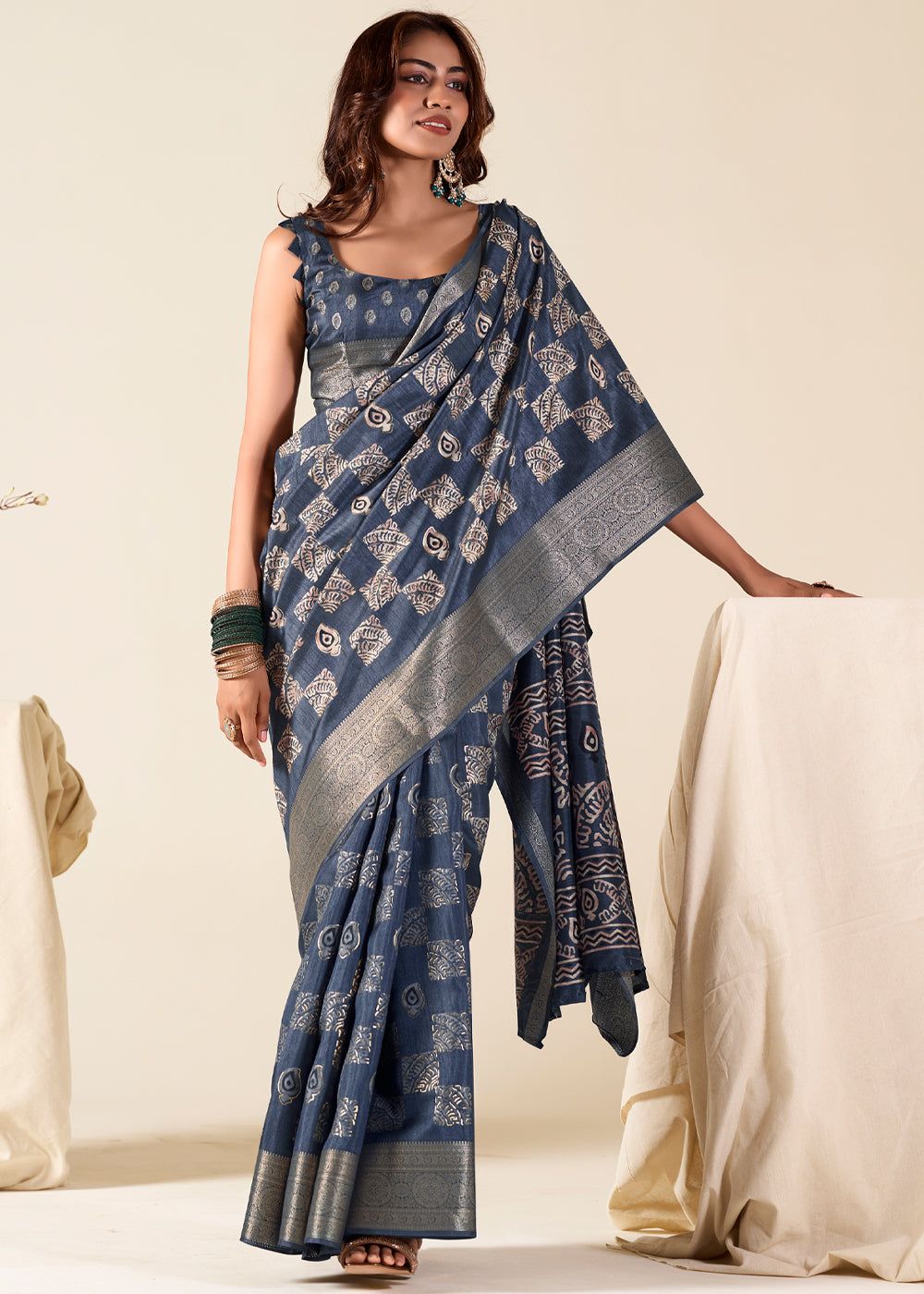 Coral Blue Printed Soft Silk Saree