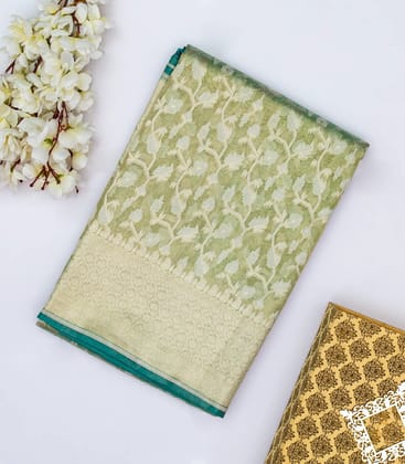 Aquamarine Banarasi Tissue Silk Saree With Mango Vine Motifs-Aquamarine