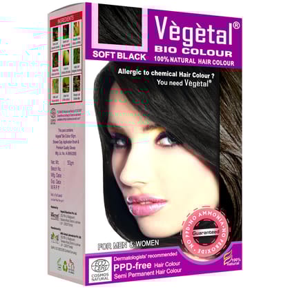 Vegetal Bio Hair Colour - Soft Black | 50g | Achieve Natural, Ammonia-Free Hair Color | PPD-Free, 100% Herbal Certified Organic for Men and Women | UV Protection and Luster Maintenance | Complete Kit Vegetal Bio Hair Colour - Soft Black | 50g | Achieve N