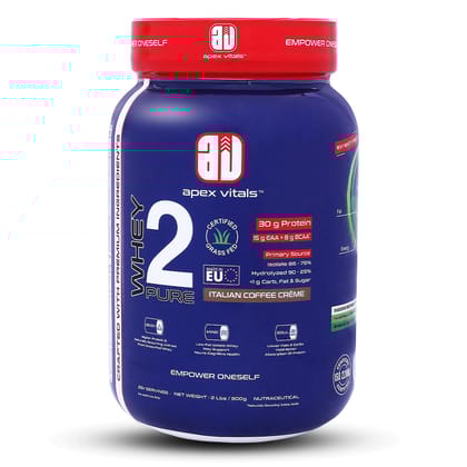 Apex Vitals Whey 2 Pure| Grass-fed Whey made in EU| Whey Isolate & Hydrolyzed| 30g protein, 15g EAA+8g BCAA| Digestive Enzymes| Muscle Build & Recovery| 900gm(2lbs)- 25+ Ser| Italian Coffee Creme