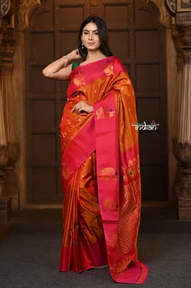 Parampara Revival ~ Gadwal Pure Silk Handloom Saree in Orange with Pink Border
