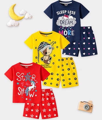 Kuchipoo Girls Cotton Blend T-shirt & Shorts Set ( Multicolor 2 , Pack of 3 )