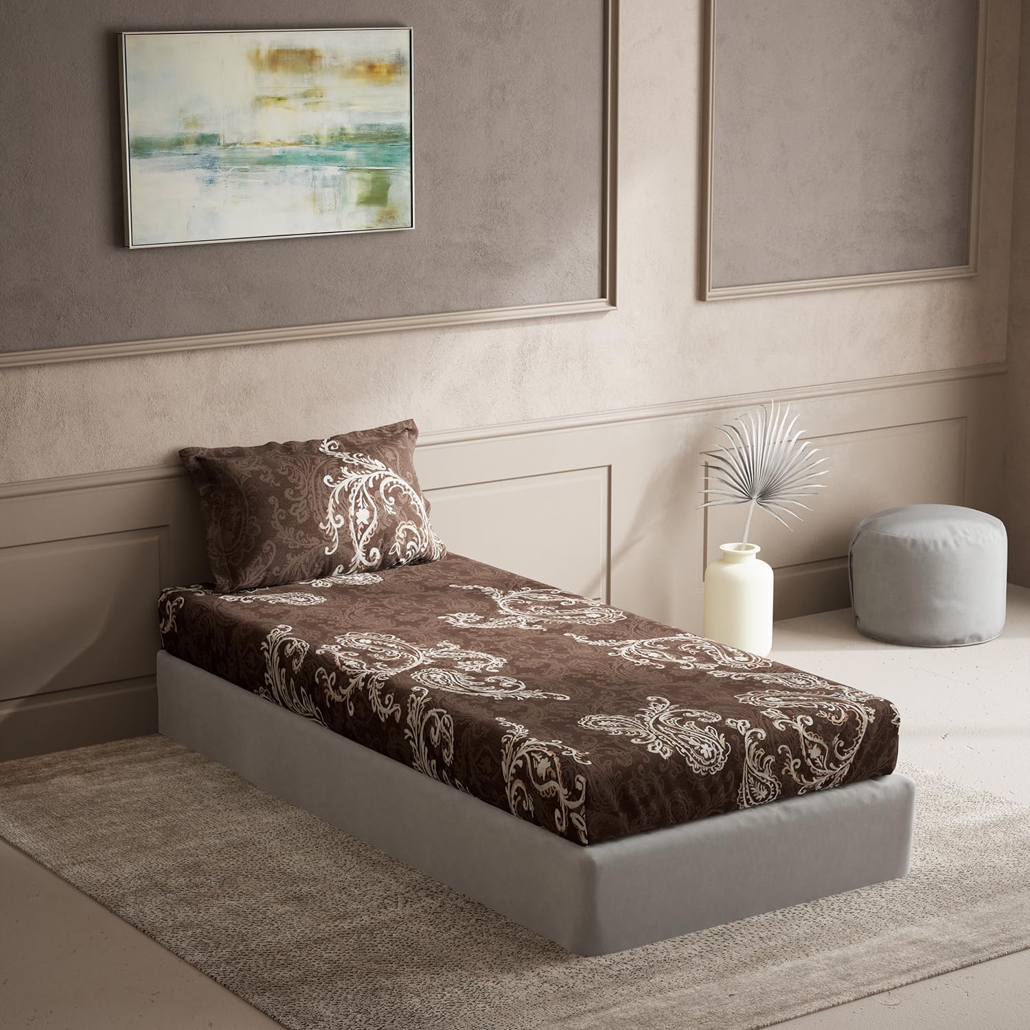 DDECOR - Zeta Collection 100% Cotton Ethnic Pattern 135TC Single Bedsheet|152 CM X 224 CM| - Brown