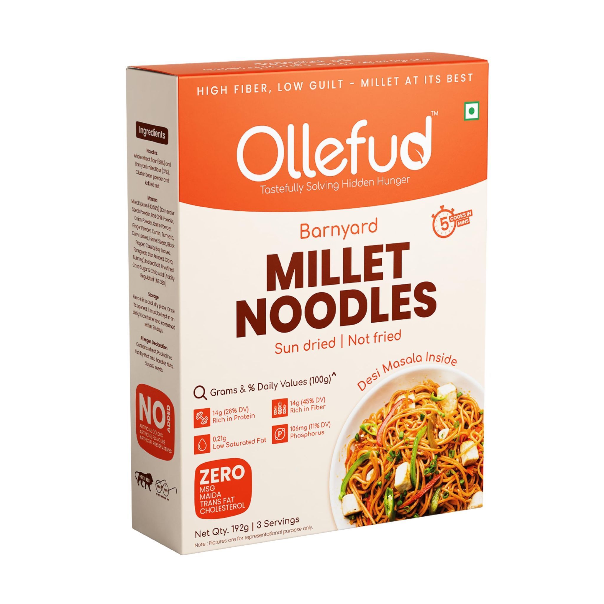 Ollefud Millet Hakka Noodles | Desi Masala | Sun Dried | No (Maida, MSG) | Protein & Fiber Rich | 192g
