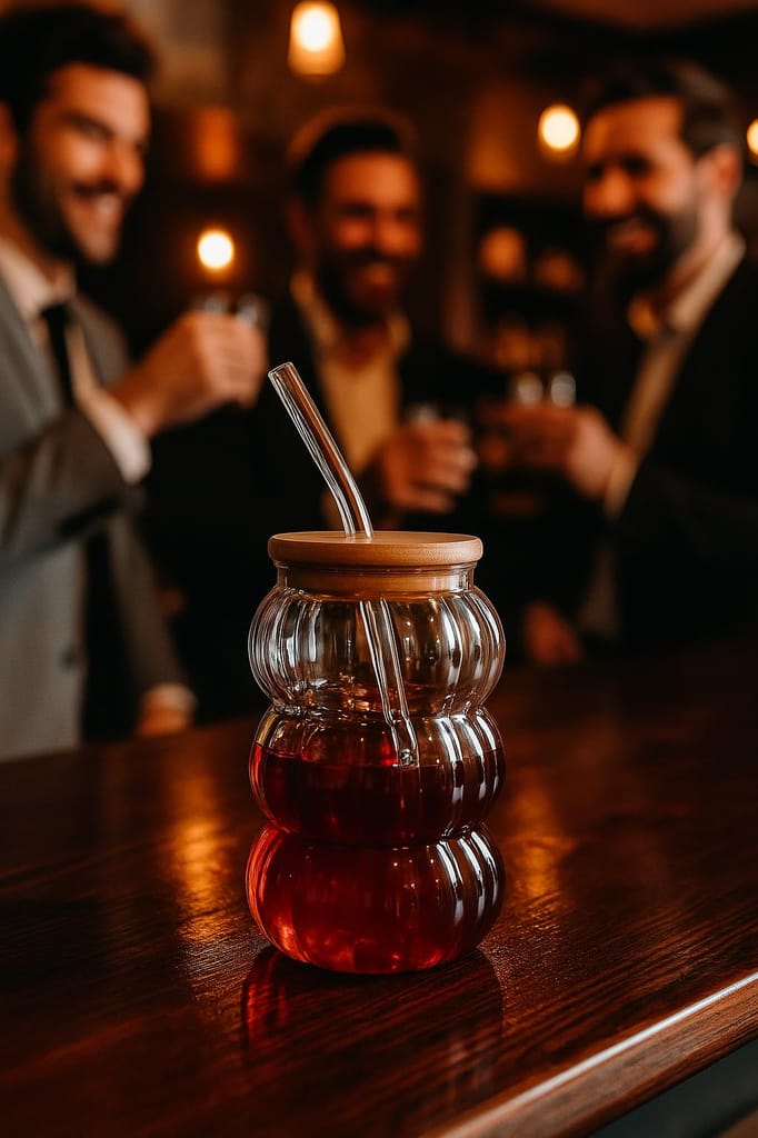 Wave Shape Glass Tumbler with Wooden lid and Straw Beverage Sipper Unique Pattern Design Cola Mug for Iced Coffee, Juice, Milk, Cocktails, Milkshake (Pack of 1)