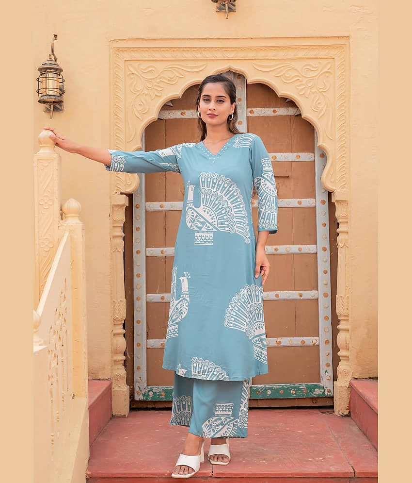 Juniper Women Viscose Printed Straight Kurti With Pants ( Blue )