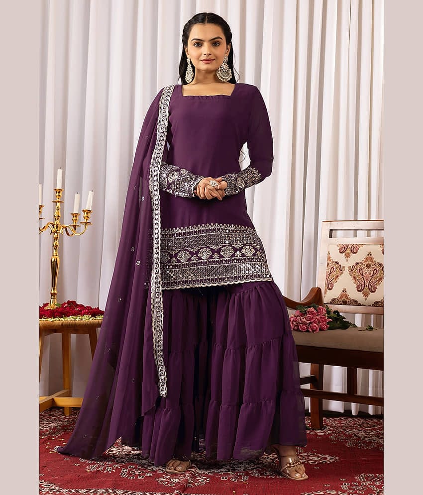 kedar fab Women Georgette Embroidered Straight Kurti With Sharara And Gharara ( Purple )