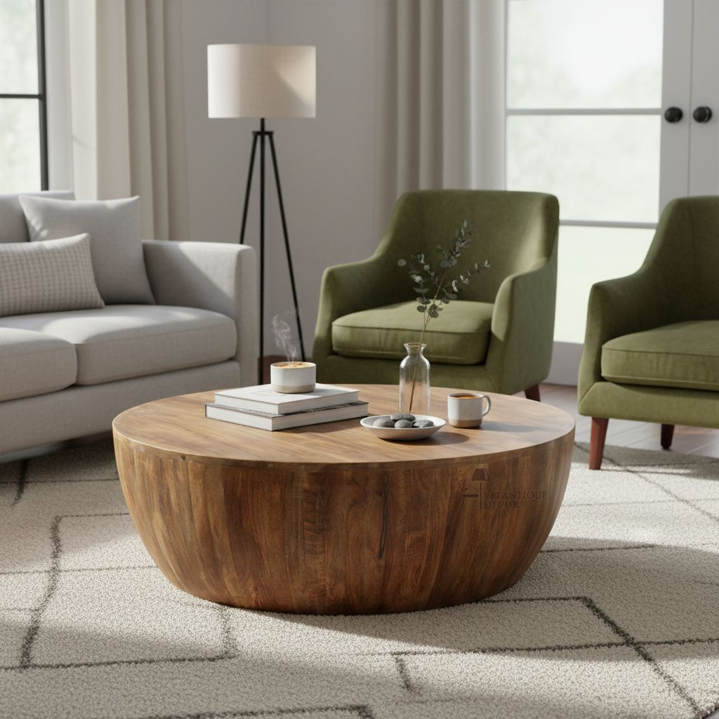 Wooden Round Drum Coffee Table-End Table