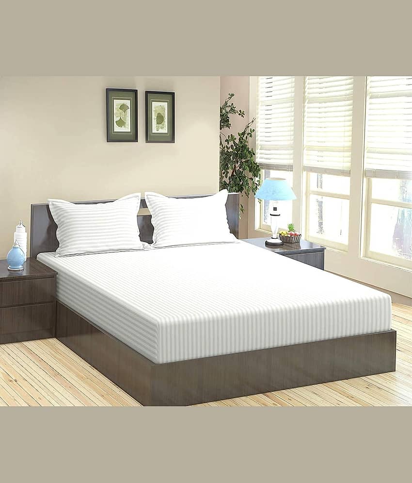 Neekshaa Satin Stripe Solid Fitted Fitted bedsheet with 2 Pillow Covers ( Double Bed ) - White