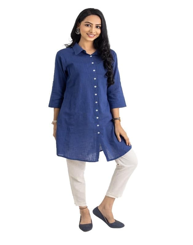 Women's Casual 3/4 Sleeve Viscose Rayon Solid Kurti (Light Blue, L)-PID46384
