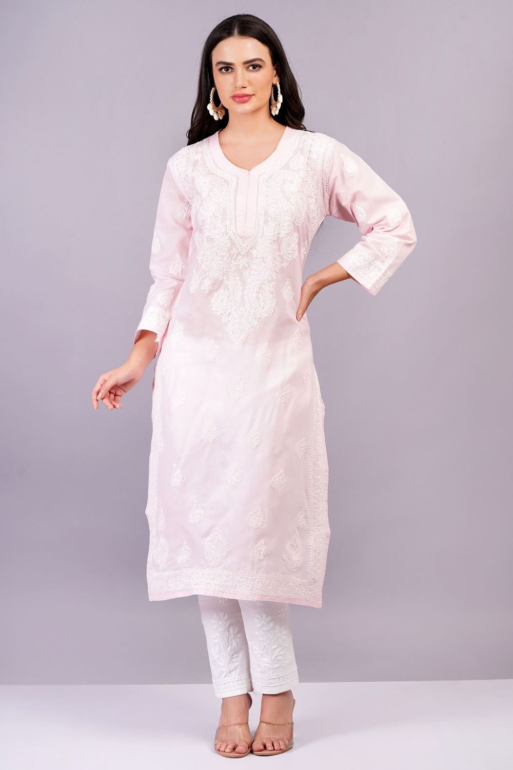 MRS RIGHT CHIKANKARI PINK PREMIUM COTTON KURTA