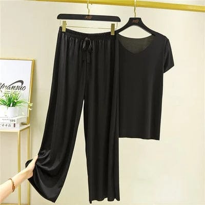 SOFT COMFORTABLE ICE COTTON SHORT SLEEVE T-SHIRT TWO PIECE SET LOOSE WIDE-LEG PANTS-M / Black
